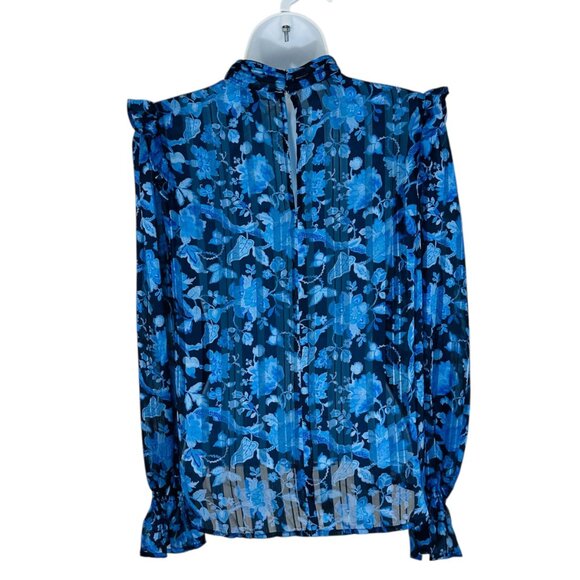 French Connection Women's Size 0 Cynthia High Neck Floral Ruffle Blue Blouse - Picture 4 of 8